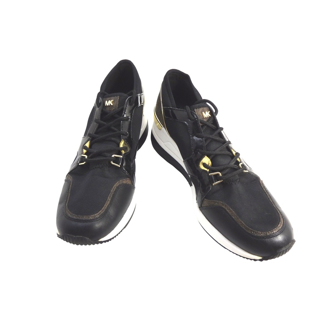 Michael Kors Women's 7M Liv Mixed Media Trainer Black Wedge Sneakers Gold Accent